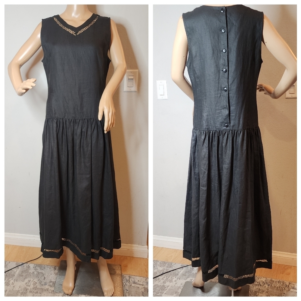 Nancy Heller 100% Linen Black Sleeveless Drop Waist V-Neck Midi Maxi Dress Sz 12